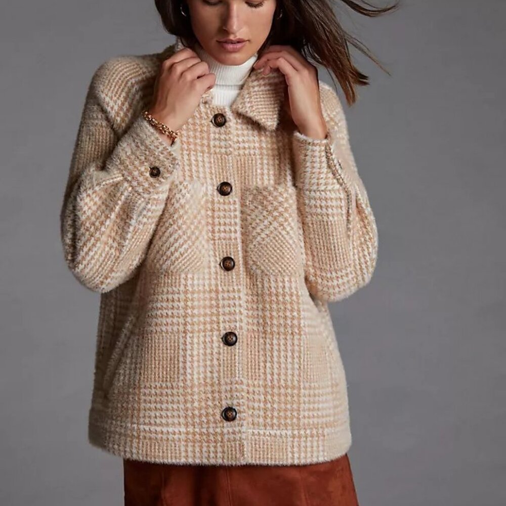 Anthropologie Greylin Houndstooth Shirt Fuzzy Beige White Jacket Blazer